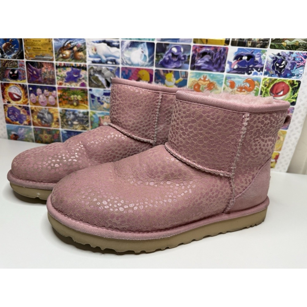 UGG Classic Mini II Pink Metallic Snake Print Sheepskin Boots Women's Size 9